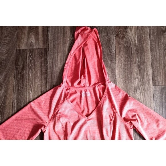 Womens EDDIE BAUER Size Small Athletic Hooded Running Shirt Pink White Stripes - Picture 10 of 11